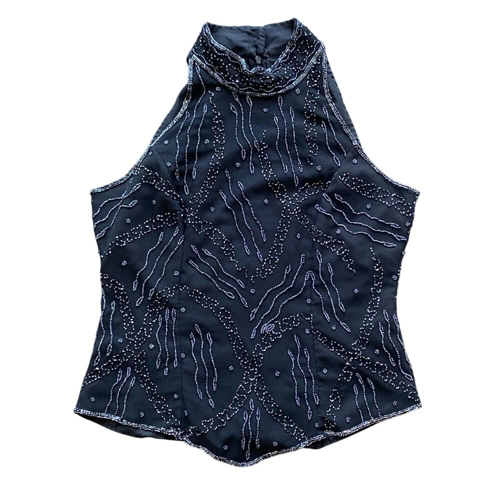 VINTAGE CHADWICKS Halter Womens Sz Large Black Beaded Cocktail Glam